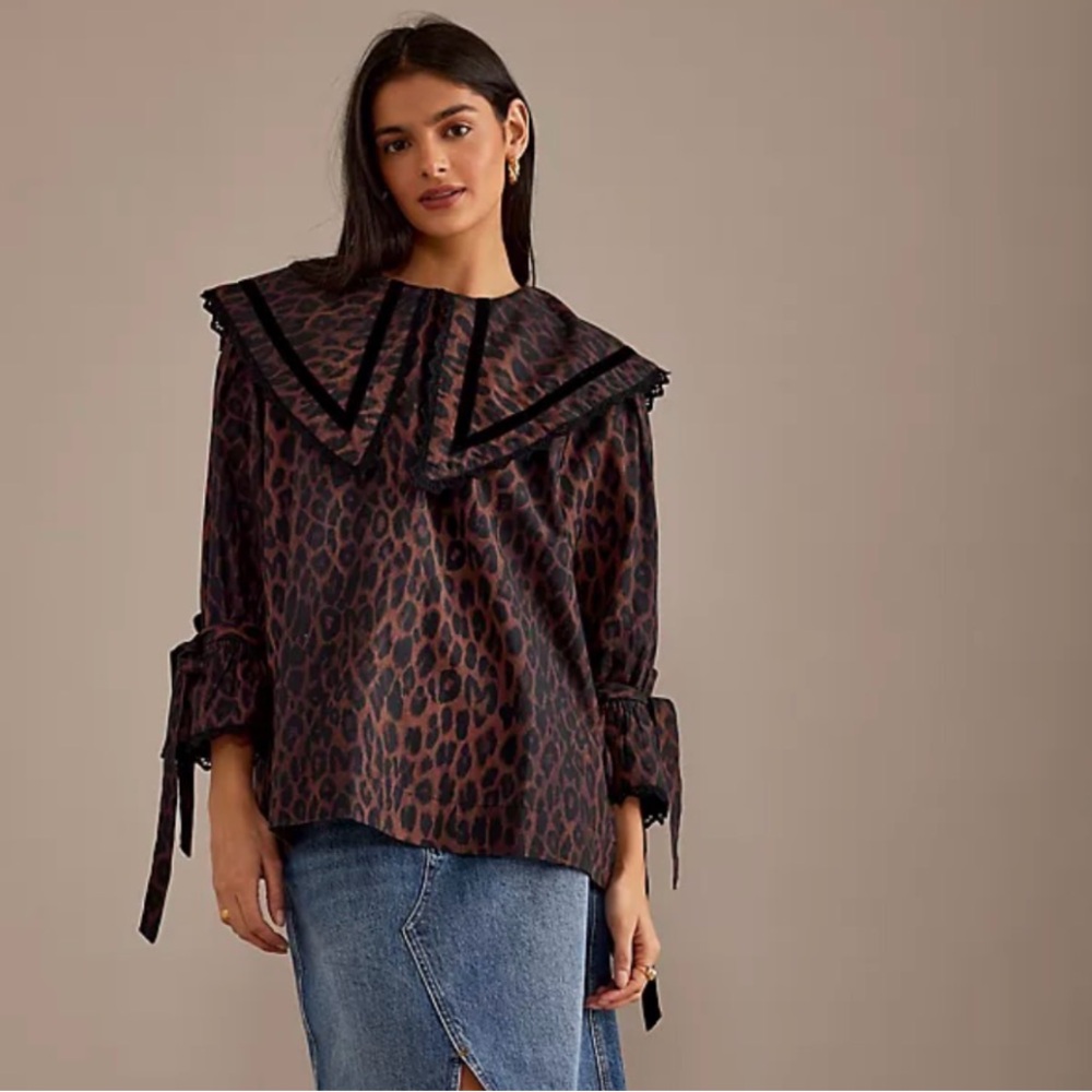 Damson Madder Candice Leopard Print Oversized Collar Blouse UK 10 / US 6